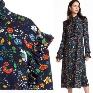 H&M Dress Size 8 Midi Navy Floral Garden Party Brunch Bridal Party Ruffle Frill
